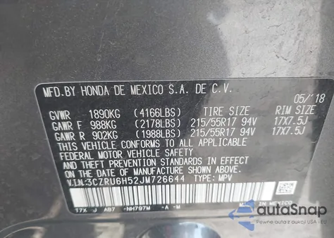 2018 Honda Hr-V Ex из США, поврежденный, VIN 3CZRU6H52JM726644